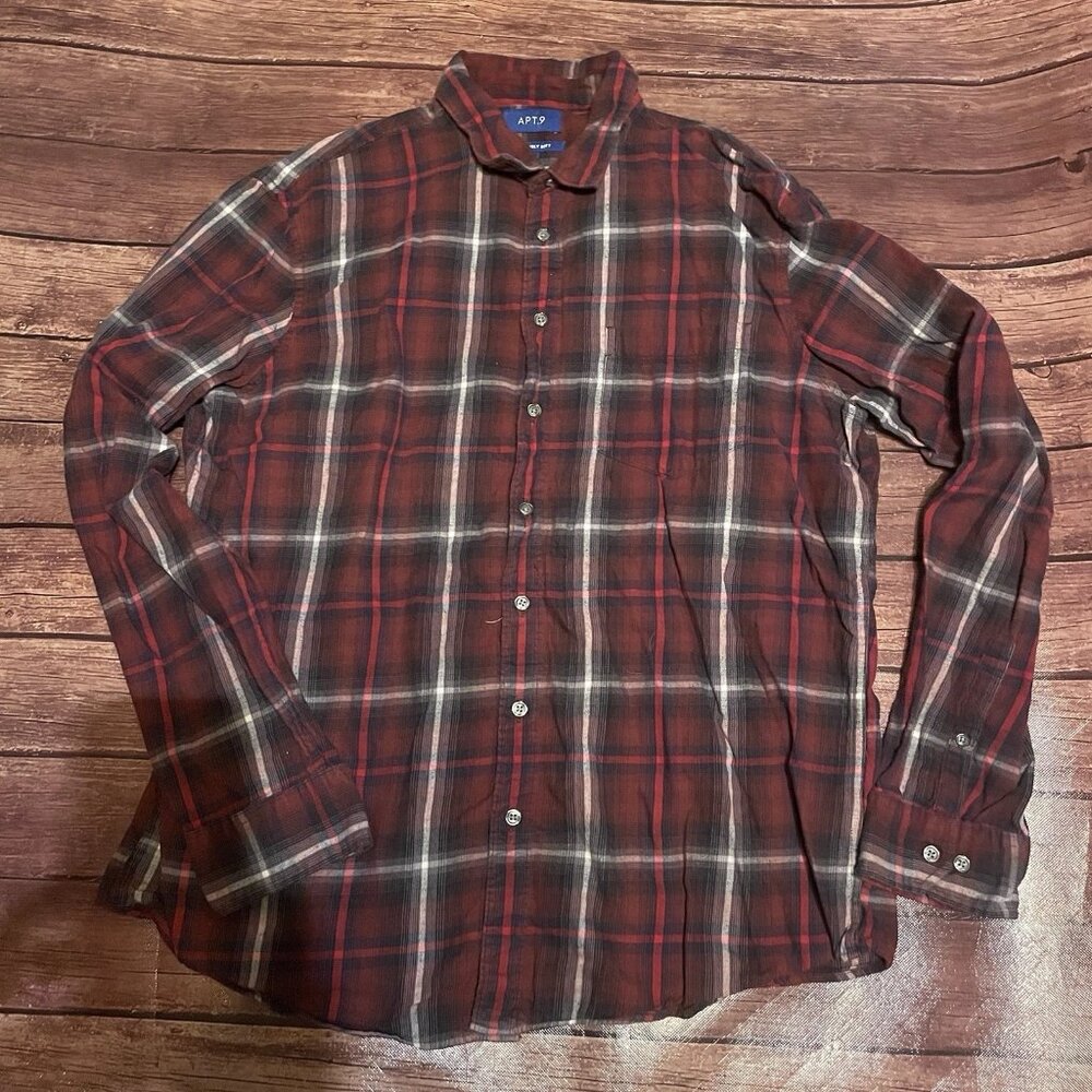 Men’s Apt 9 Maroon Blue White Plaid Flannel Shirt XL